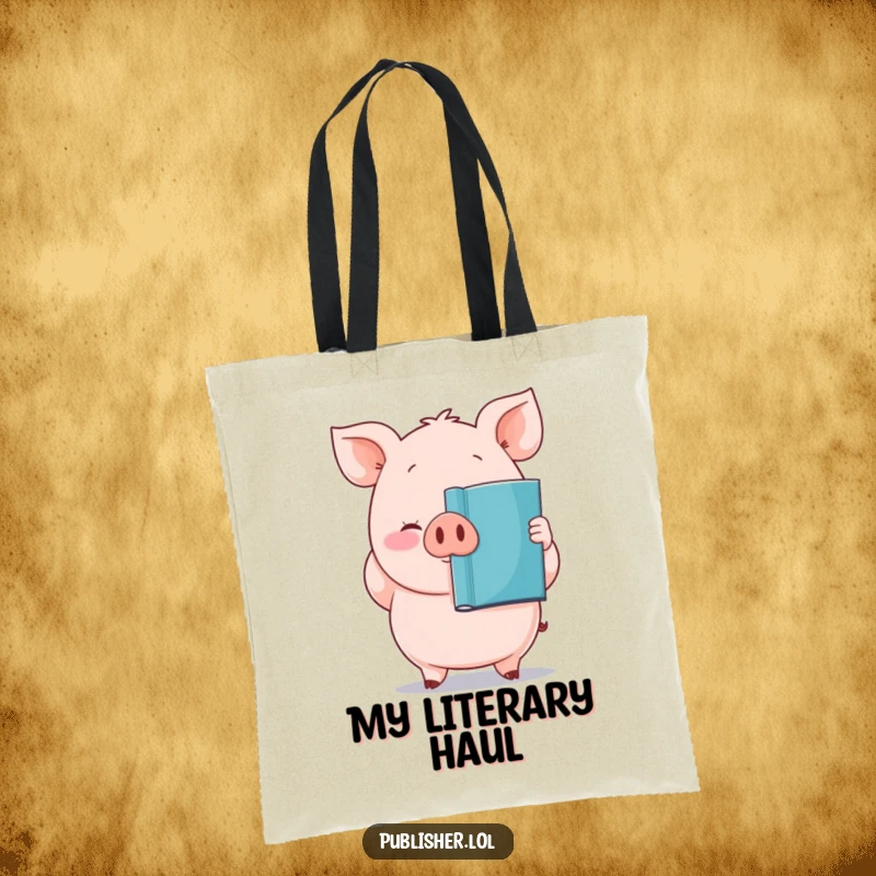 Funny tote bag featuring a plump, proud pig character holding a newly printed book, perfect for carrying books.