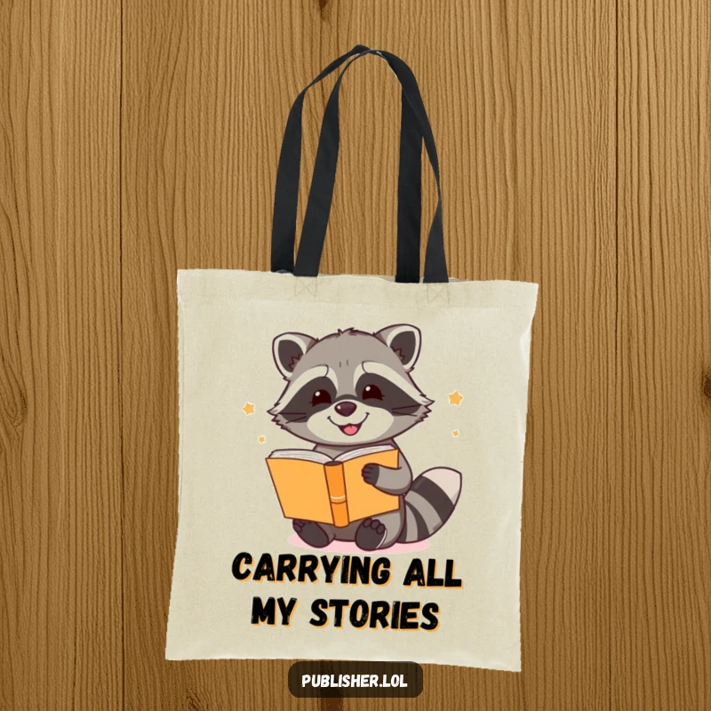 Funny tote bag illustrating a cheerful raccoon diligently binding a collection of books, perfect for carrying reads and spreading smiles.
