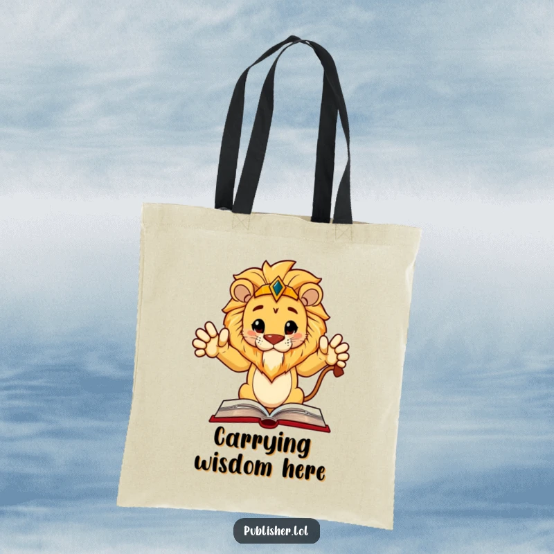 Funny Tote Bag: Regal lion character authoritatively points at a book layout, perfect for carrying knowledge and style.