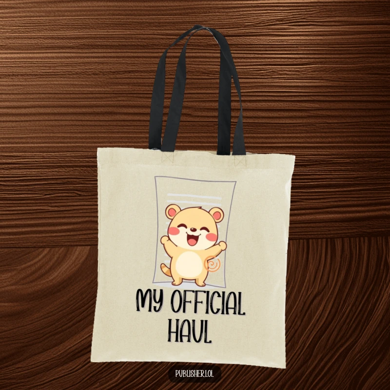 Funny Tote Bag: A cute animal character enthusiastically stamps a large document with a wide, happy grin.