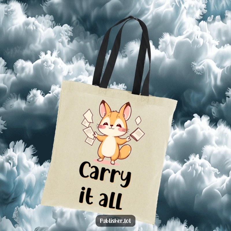 Funny tote bag depicting a small, charming animal artistically juggling a large stack of papers with a sense of fun.