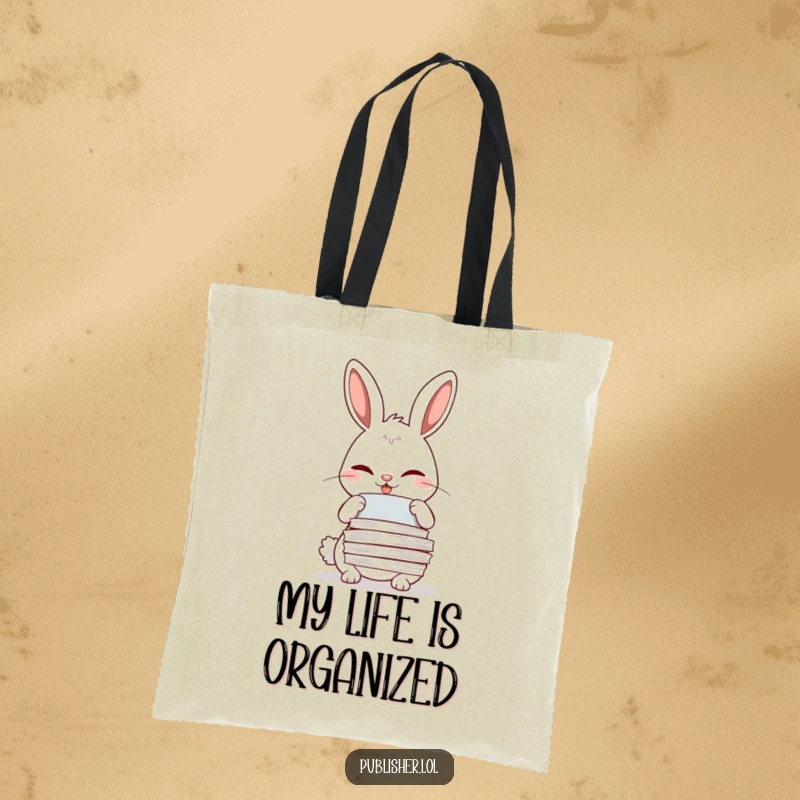 Funny winking rabbit adjusting papers with a meticulous grin on a durable tote bag.