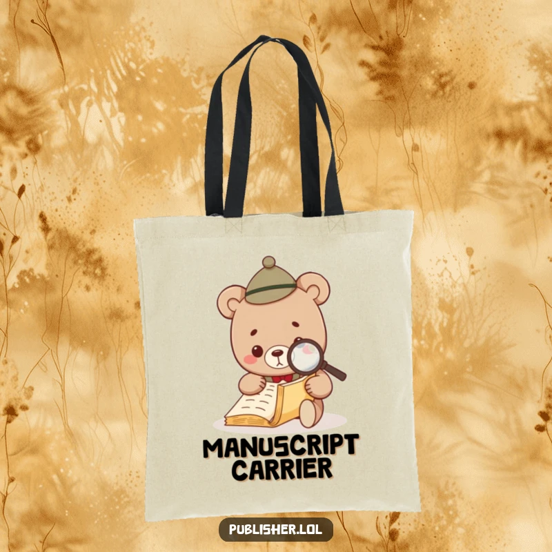 Funny Bear Investigator Tote Bag showing a small bear wearing a hat and using a magnifying glass to inspect a book.