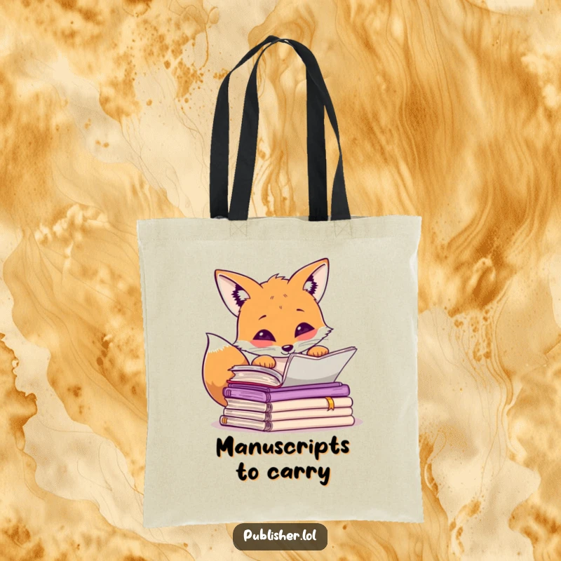 Funny curious fox peering over manuscripts, paw raised in thought, humorous tote bag for book lovers.