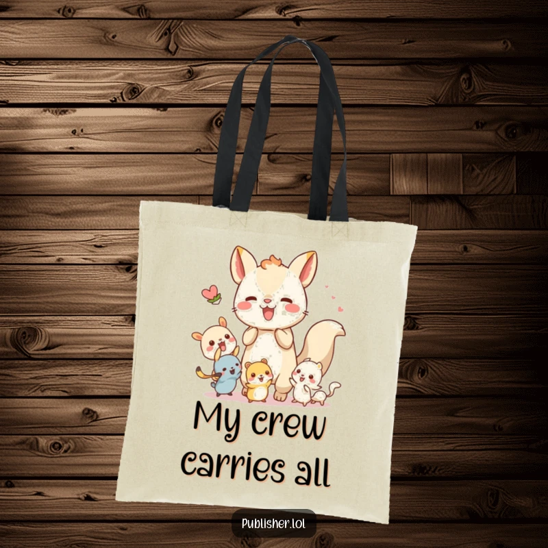 Funny tote bag showing a whimsical animal character energetically collaborating with tiny creatures, ideal for carrying essentials with a friendly flair.