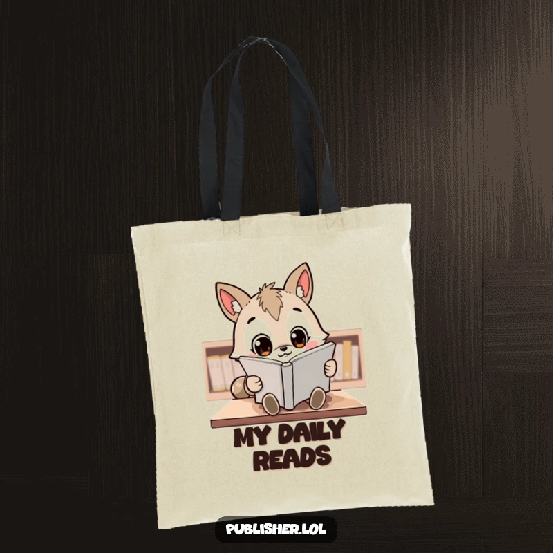 Funny Tote Bag: A kawaii animal character with wide, focused eyes intently reviews a manuscript.