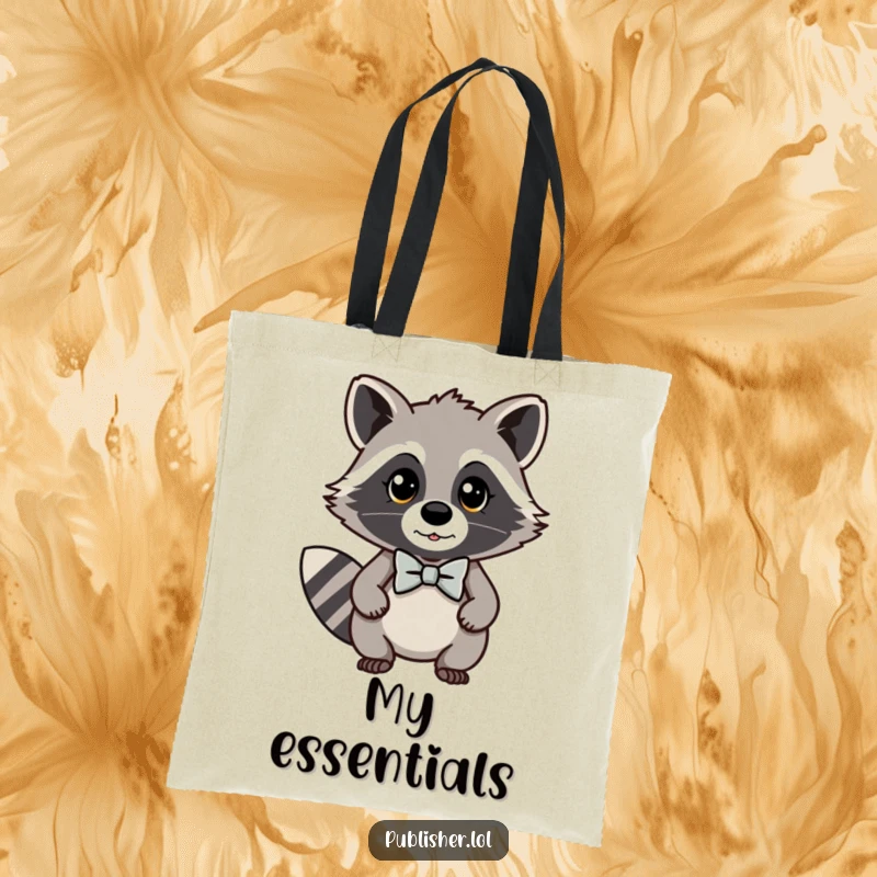 Funny kawaii raccoon tote bag featuring a dapper character in a bow tie looking important, a stylish and humorous accessory for daily use.