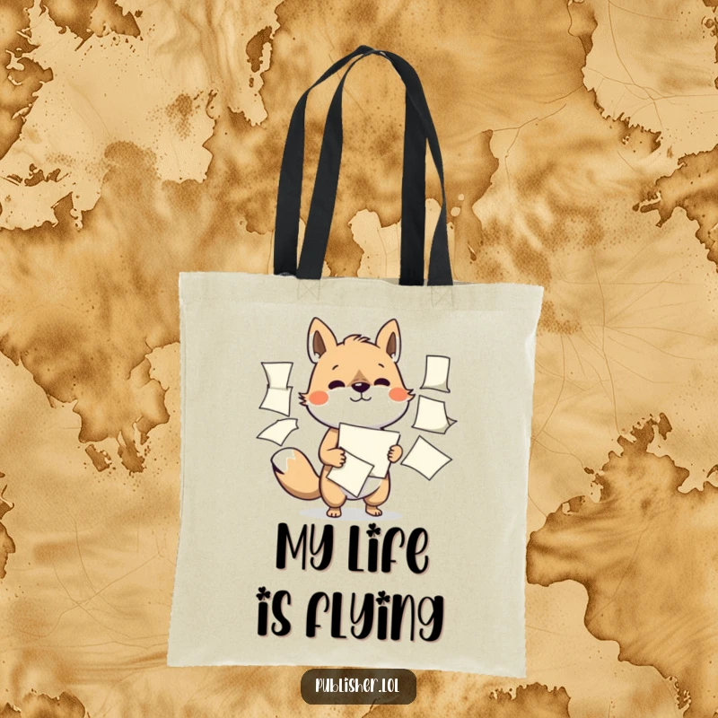 Funny tote bag showing a determined animal character expertly managing multiple flapping papers, ideal for carrying essentials with a productive flair.