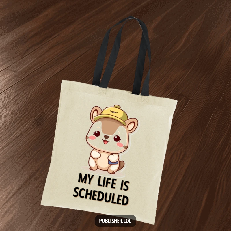 Funny Organized Animal Tote Bag with a pleased character wearing a busy schedule hat, ideal for shopping and carrying daily items humorously.