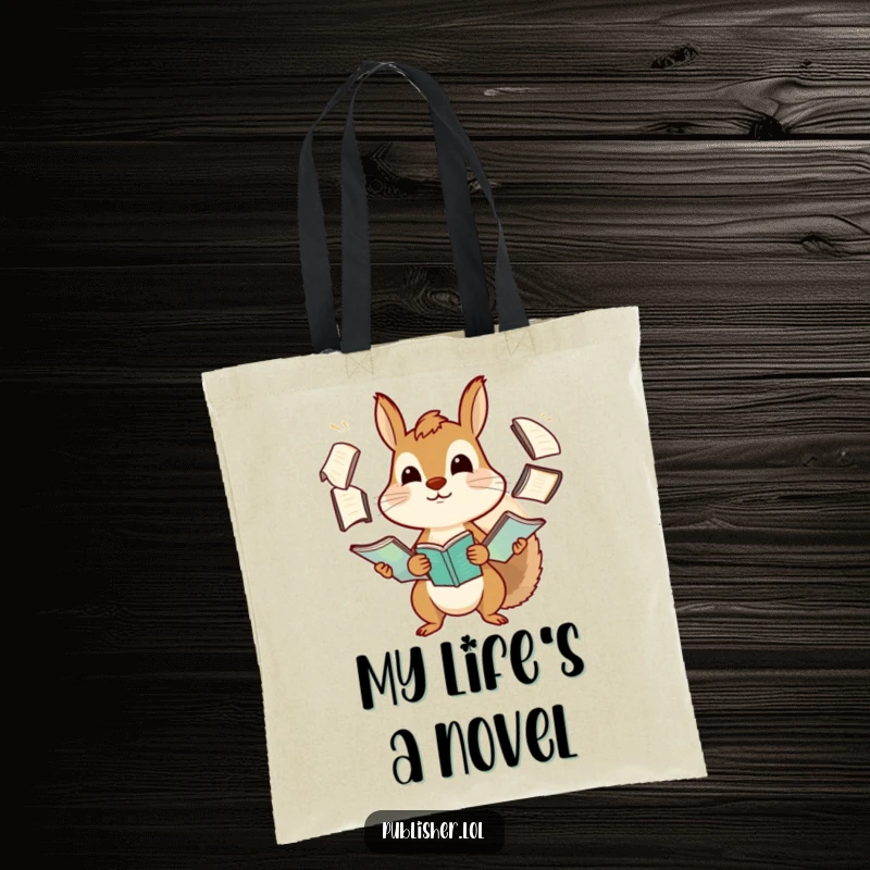 Funny squirrel tote bag depicting a determined character comically juggling many manuscripts, a relatable and humorous accessory for busy individuals.