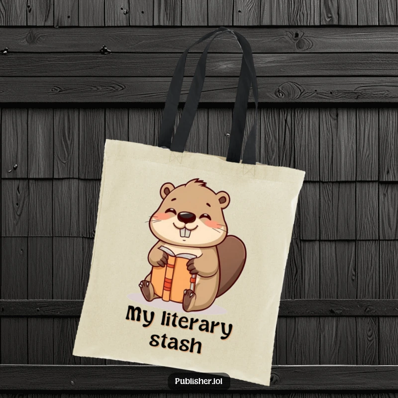 Funny tote bag with a helpful beaver character binding a book with gusto and a satisfied nod, excellent for carrying books and supplies.