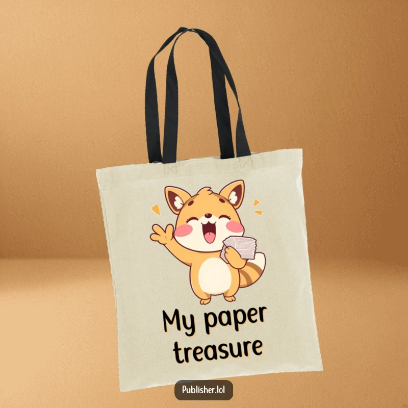 Funny tote bag depicting a playful animal character cheering with a stack of papers, symbolizing enthusiasm and celebration, a perfect funny gift.