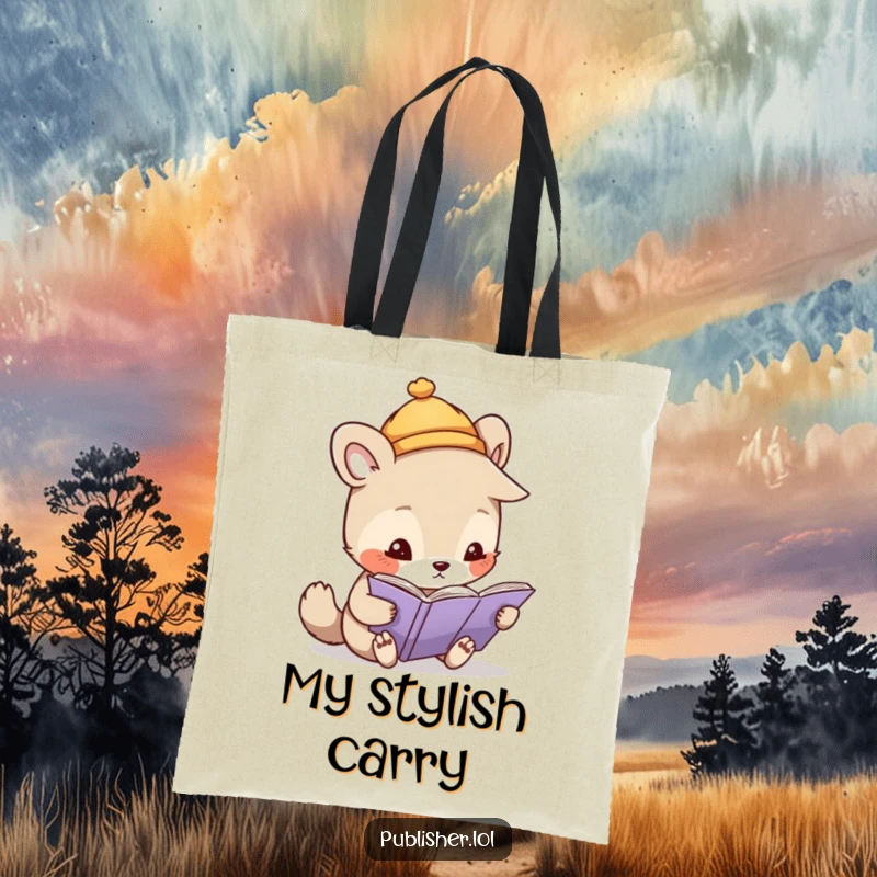 Funny tote bag illustrating a whimsical animal in a tiny hat, peering closely at a page with a magnifying glass for details.