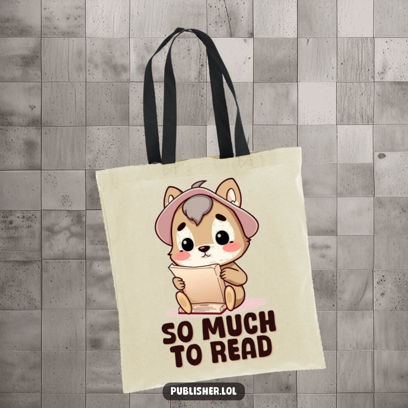 Funny tote bag showing a curious animal character thoughtfully considering a large manuscript, ideal for carrying books with an intellectual flair.